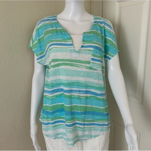 Lilly Pulitzer Duval notch Neckline Linen Seafoam Blue tee shirt blouse Size M - Picture 3 of 9